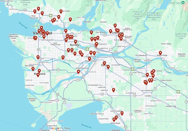 Map of Greater Vancouver and the Fraser Valley with pins marking properties Uniqhomes has closed across West Vancouver, Vancouver, Burnaby, Coquitlam, Port Coquitlam, New Westminster, Richmond, Surrey, Langley, White Rock, and Maple Ridge.